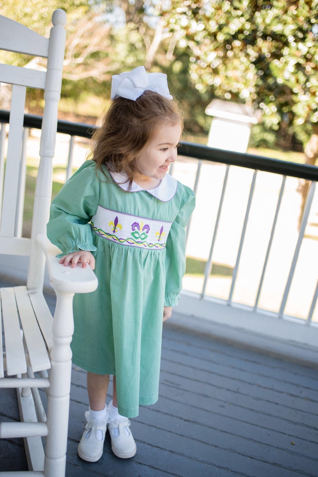 Green Gingham Smocked Mardi Gras Dress