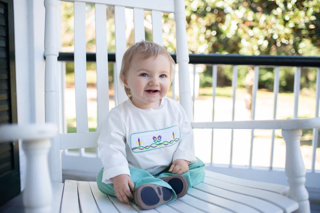 Green Gingham Smocked Mardi Gras Pants Set