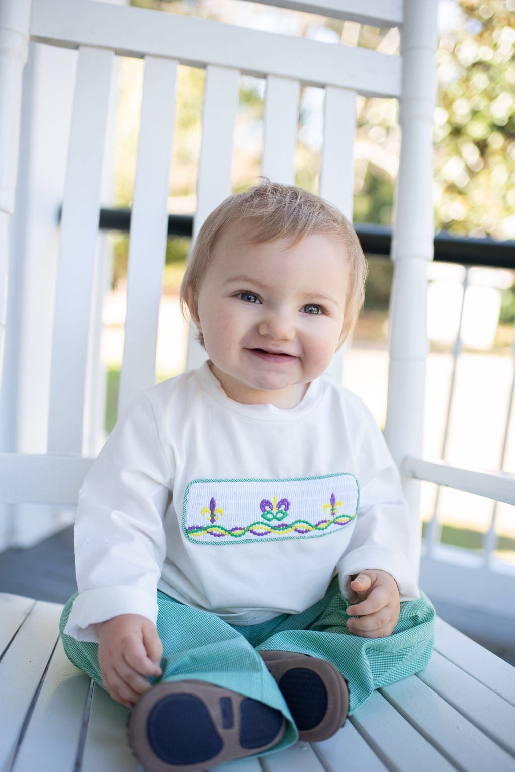 Green Gingham Smocked Mardi Gras Pants Set