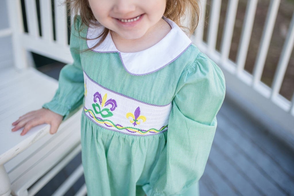 Green Gingham Smocked Mardi Gras Dress