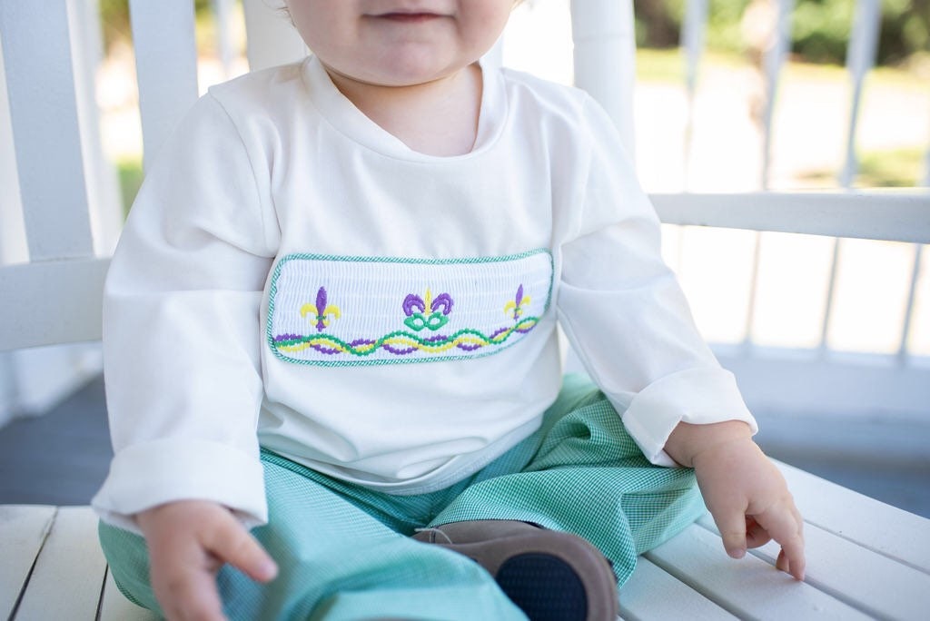 Green Gingham Smocked Mardi Gras Pants Set
