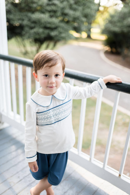 Blue Smocked Knit Shorts Set