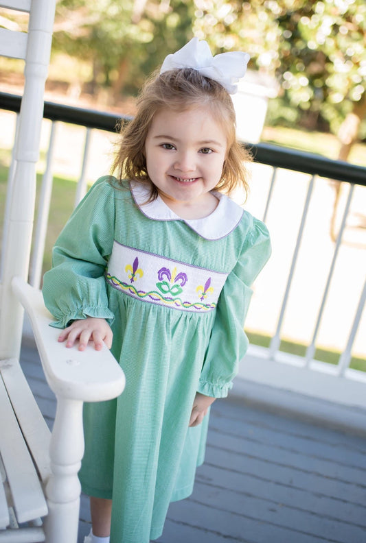 Green Gingham Smocked Mardi Gras Dress