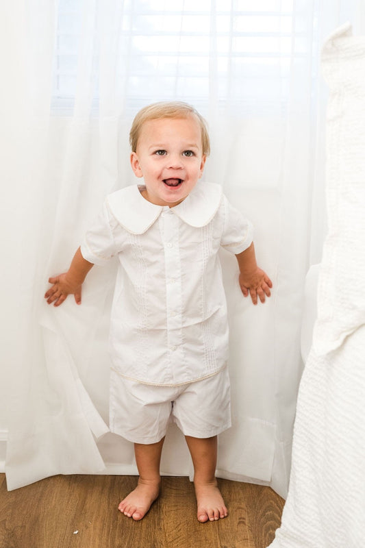 At Last Front Button Heirloom Shorts Set in White